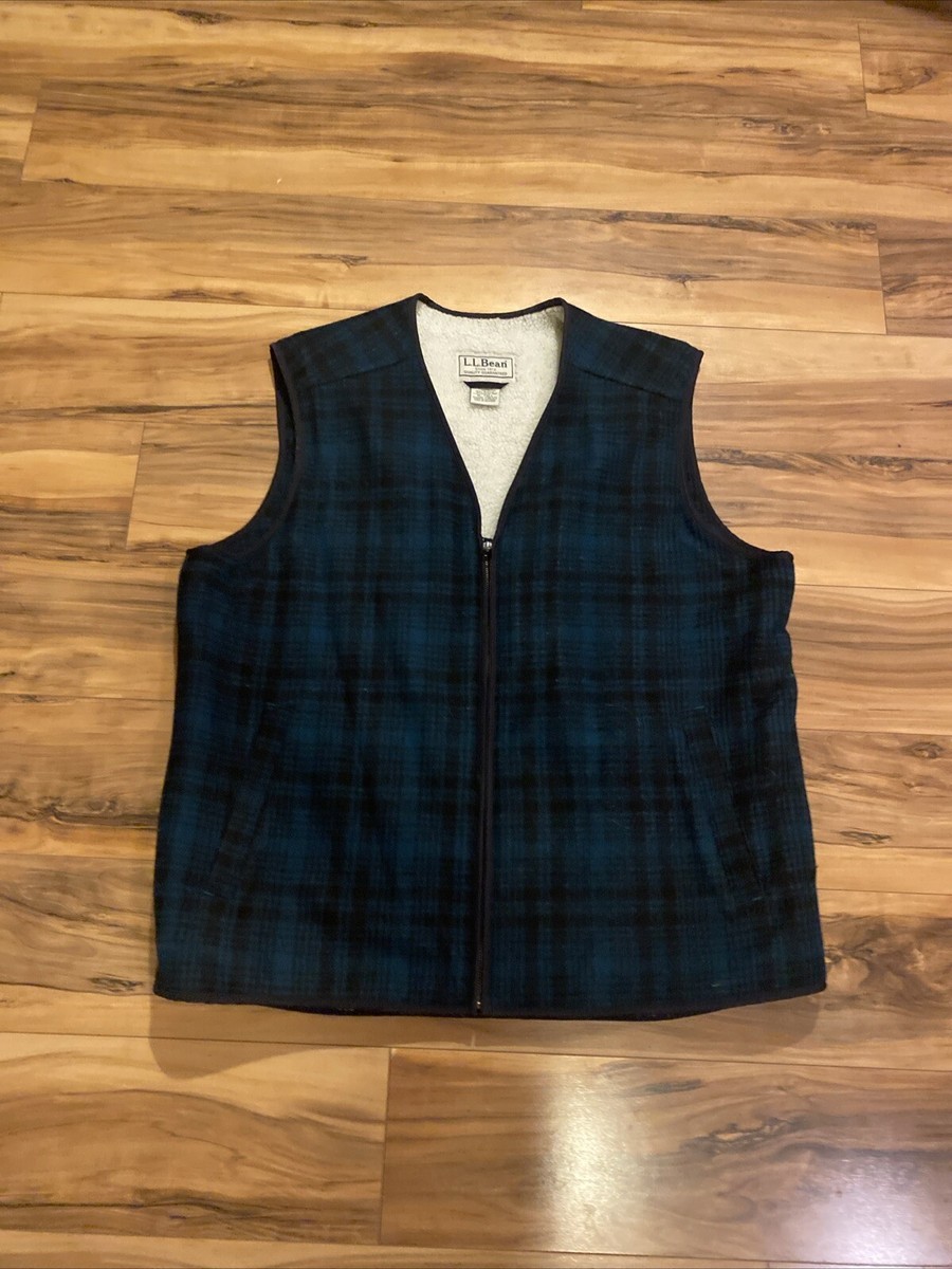 LL Bean Wool Vest Green Buffalo Plaid Hunting Mens Xl Tall Sherpa