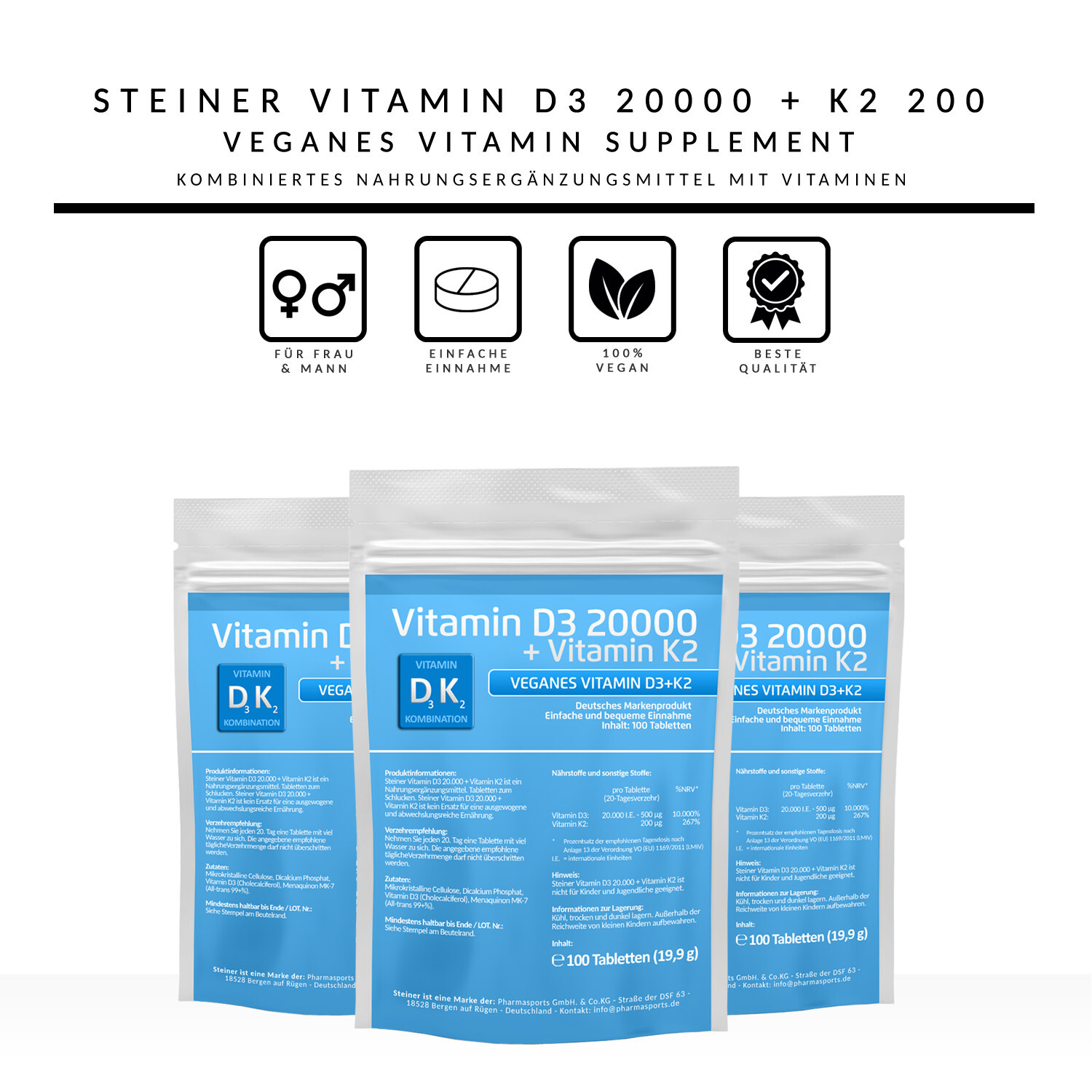 Vitamin D3 20000 I.E + K2 MK7 200 mcg Depot Hochdosiert 100 V
