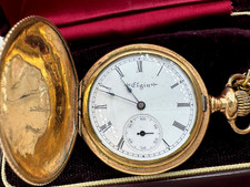 ELGIN POCKET WATCH ROLLED YELLOW GOLD HUNTER CASE ANTIQUE THICK CHAIN WORKING 19