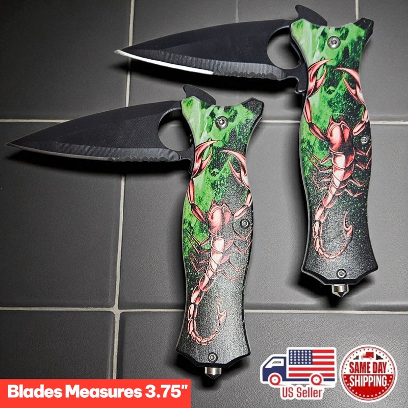2 x Green Fantasy Scorpion Print Folding Pocket Knives Lot Scrap Lot