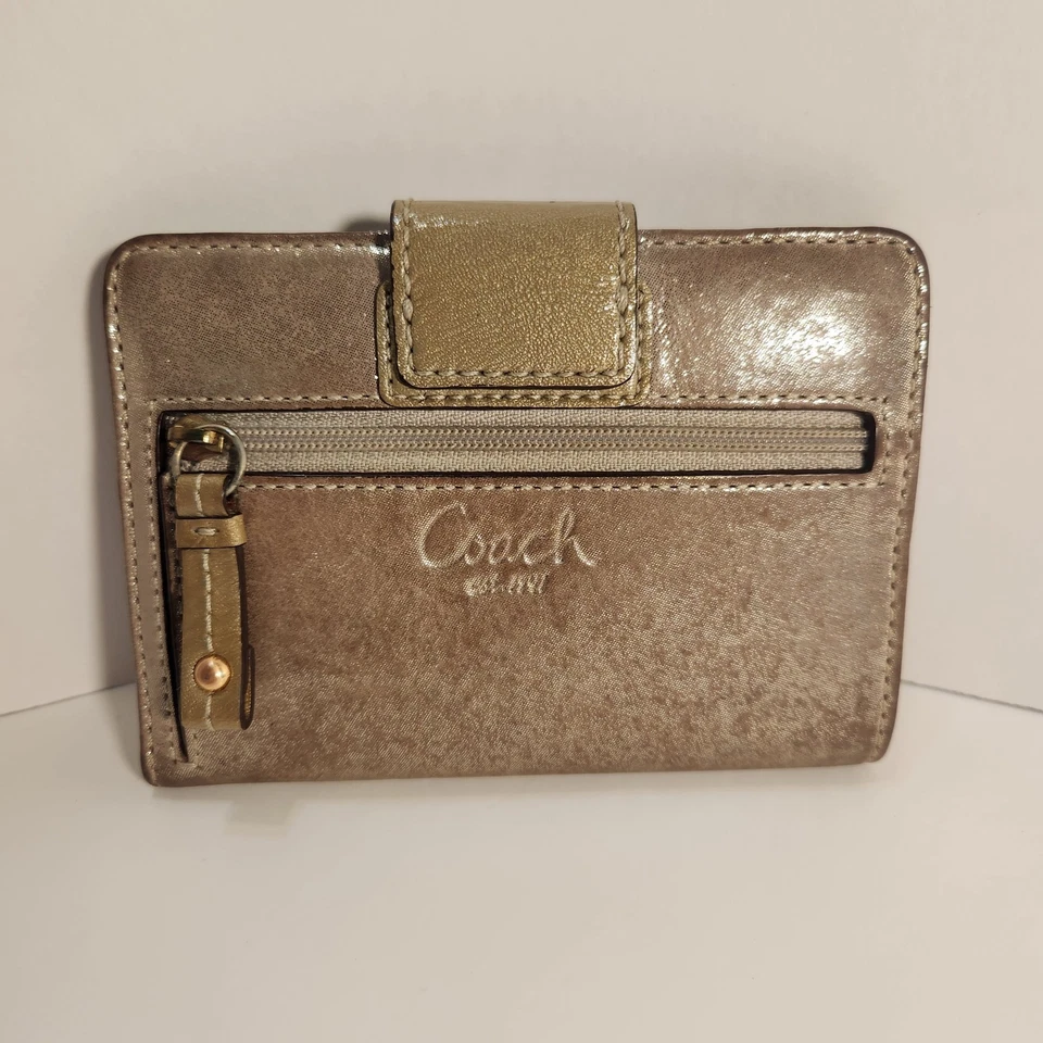 Coach Turn-lock Tan Gold Metallic Patent Leather Wallet - Pink inside - Image 4 of 4