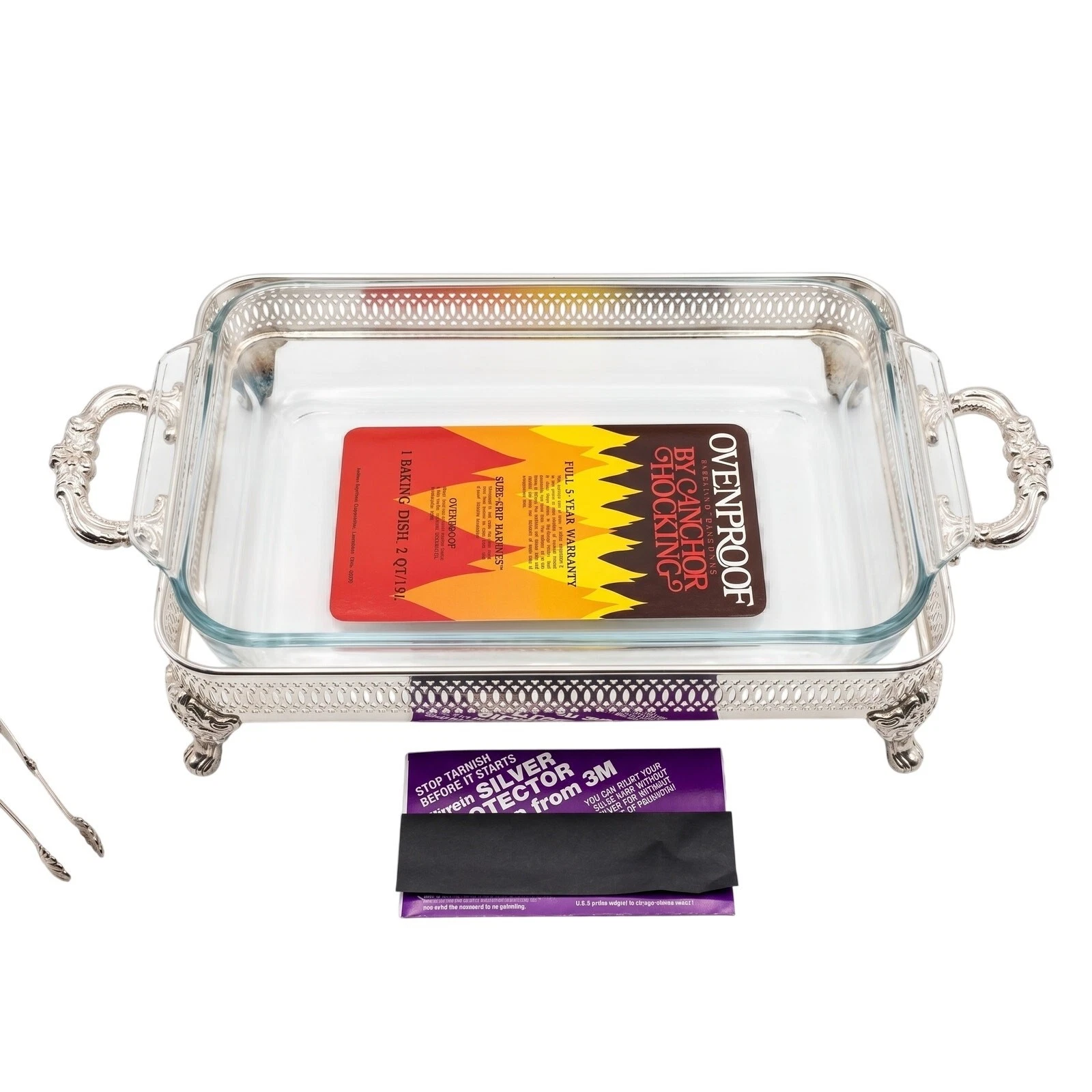 VTG Silverplate Gallery Tray w Pyrex 9x13 Baking Dish Hollywood Regency NWOT