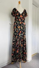 RIXO Cinzia Silk Maxi Dress in Black Waterblossom Noir Size L 14 BNWT