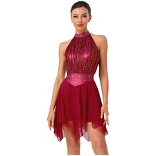 US Womens Lyrical Dance Dress Shiny Figure Skating Built-in Briefs Leotard Dress