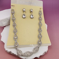 Clear Rhinestone Necklace Earrings Set Silver Tone Bridal Wedding Prom Jewelry