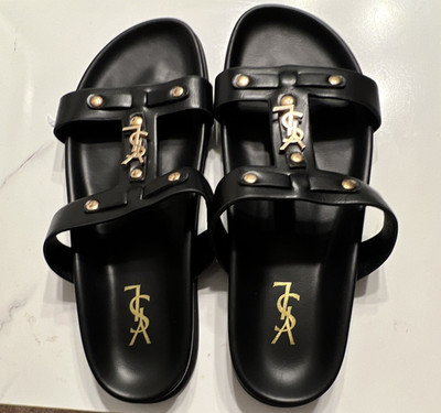 Saint Laurent Women's Black/Gold Logo Slide Sandals Leather US 9.5