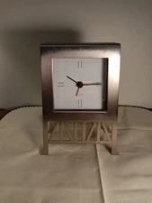 Michael Graves Small Mantel Desk Clock, Silver Metal, Modern, Industrial, Alarm 