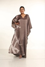 Luxury Silk Kaftan Dress Batik Print Resort Beach Holiday Maxi One Size - Brown