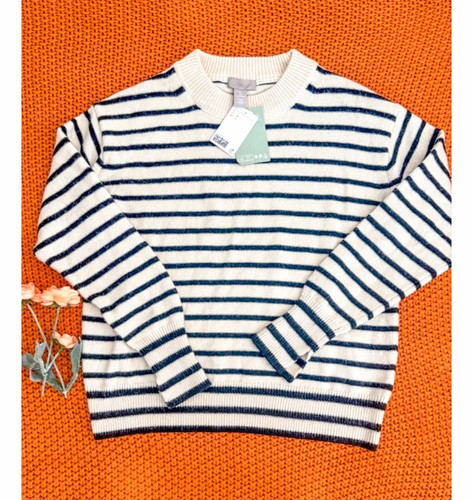 NWT H&M Striped Crewneck Sweater Size L Cream Navy Blue Knit