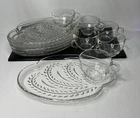 Vintage Set 12 Piece Federal Glass Snack Hospitality Set 6 Trays 6 Cups Leaf ~