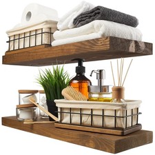 Floating Wood Shelves Wall Mount Walnut Finish 24 Inch Set 2 Heavy Duty
