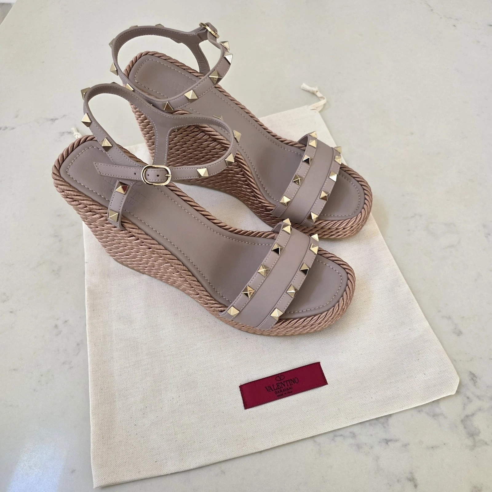Valentino — VALENTINO GARAVANI Leather Rope Wedge Rockstud Leather Espadrilles Heel Shoe 41