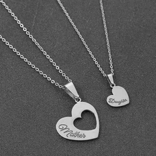 Silver Mother Daughter Heart Necklace Set, Jewelry Pendant Mothers Day Gift