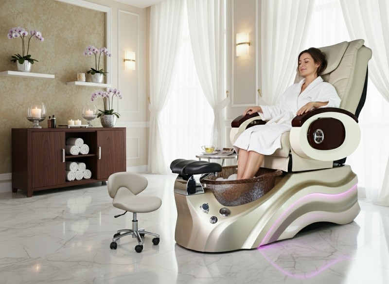 Cream Salon Shiatsu Massage Pedicure Foot Spa Chair Pipeless Gold Tub Basin Tub