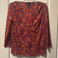 Madison Studio 1X Woman Top 3/4 Sleeve Wrap Style Multi Color Nylon Preowned