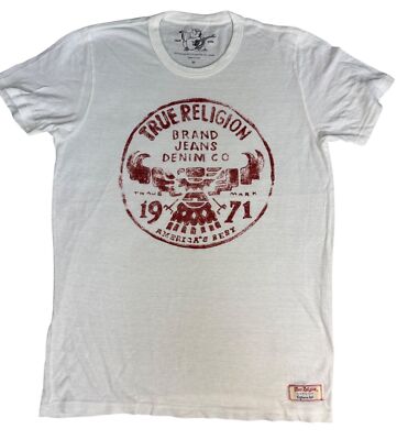 True Religion Brand Jeans Mens M White Graphic Tee W/Red Logo Print Eagle 1971