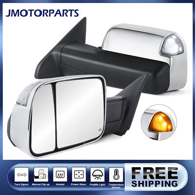 Pair Chrome Tow Mirrors For Dodge Ram 1500/2500/3500 2010-2018 w/Puddle Lights