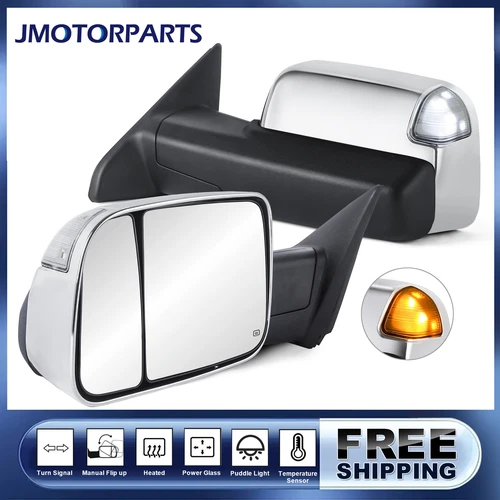 Pair Chrome Tow Mirrors For Dodge Ram 1500/2500/3500 2010-2018 w/Puddle Lights