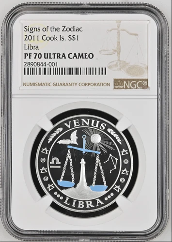 1 DOLLAR 2011 COOK ISLANDS ZODIAC SIGNS LIBRA SILVER PROOF RARE NGC PF70