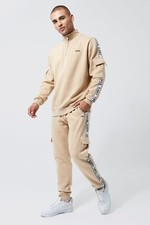 boohooMAN Limited Zip Funnel Neck Tape Full Tracksuit Tan size M- 2 pieces 
