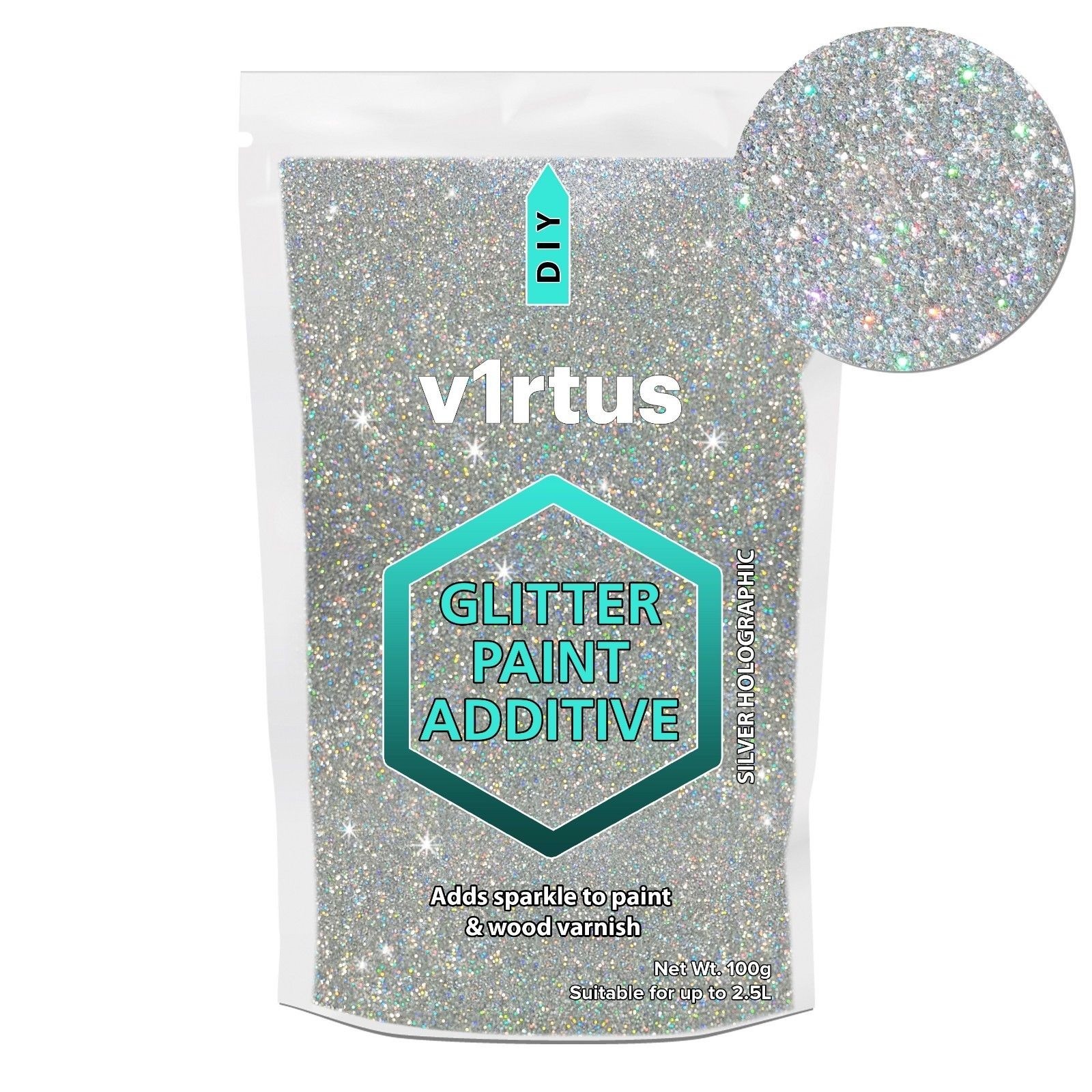 v1rtus Diamond Silver Holographic Glitter Paint Additive Emulsion Wall