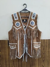 Men Native Traditional Western Cowboy Leather vest Fringe & Beaded
