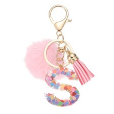 Alphabet Initial Letter S Keychain, Cute Tassel Fur Ball Pom Key Chain, Pink