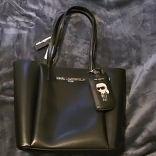 Karl Lagerfeld Paris Black Tote Bag Logo Charm Character Accent Silver Hardware