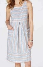 J Jill Love Linen Dress Small Striped Blue White Farmhouse Pockets Coastal