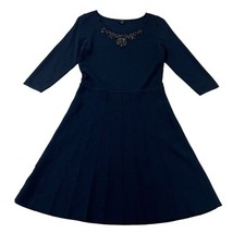 Ann Taylor A-Line Dress Petite Medium MP Navy Blue Embellished 3/4 Sleeve