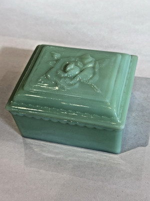 Vintage Fire King Jadeite Green Cigarette Trinket Box with Rose Lid