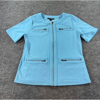 Boston Proper Womens Blue Short Sleeve Full Zip Utility Top Size M Four Pockets