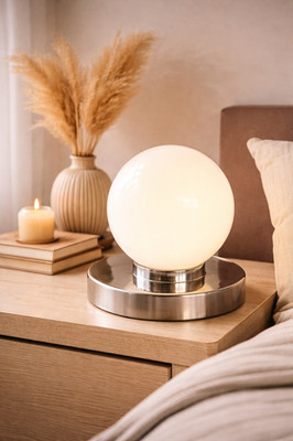 Modern Chrome Globe Table Lamp Mid-Century Modern Style Frosted Glass Sphere Art