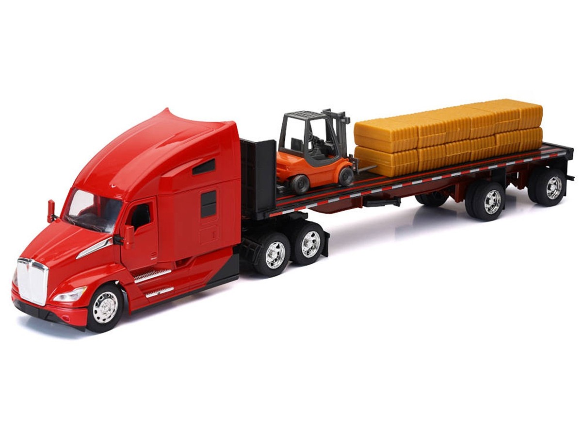 KENWORTH T680 TRUCK RED W/FLATBED & FORKLIFT 1/32 DIECAST MODEL BY