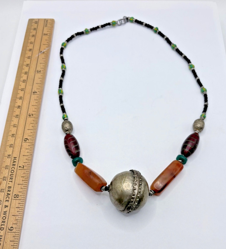 Vintage Carnelian necklace w/Glass beads & amber 21" long black beads...