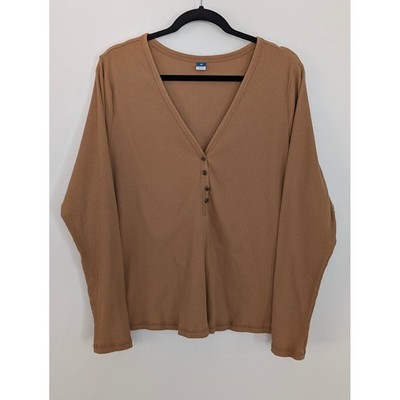 Old Navy Womens 3X Brown Ribbed Henley V-Neck Long Sleeve T-Shirt Top
