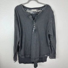 WE THE FREE Womens Gray Long Sleeve Split Henley Top XL Ribbed Slub Waffle Knit