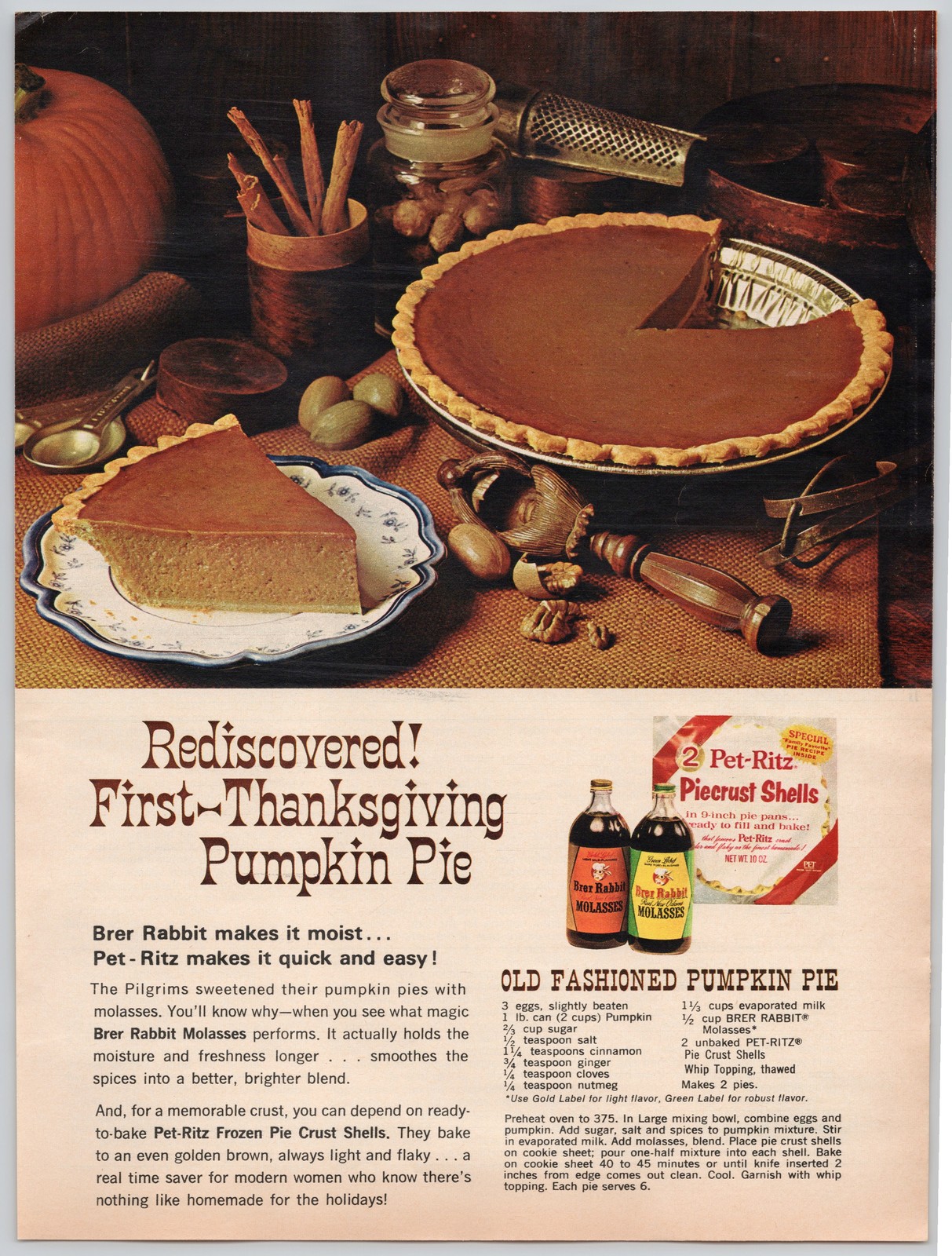Pumpkin Pie Brer Rabbit Molasses Pet-Ritz Thanksgiving Recipe 1970 Ad ...