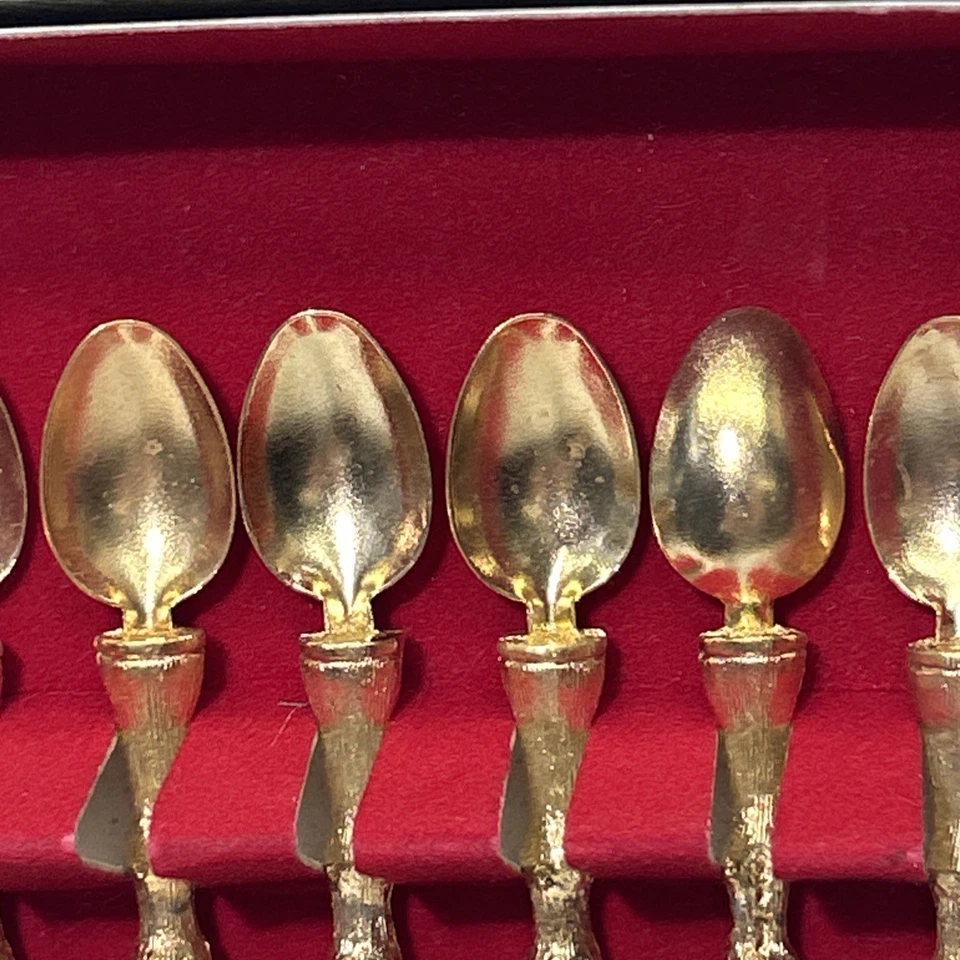 24-kt. Mini colheres folheadas a ouro - Conjunto de alças padrão bambu 6 modernas meados do século - Imagem 3 de 4