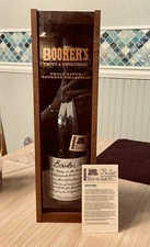 Unrinsed Booker's Small Batch Bourbon Bottle, Wooden Box, Glass Window, Card