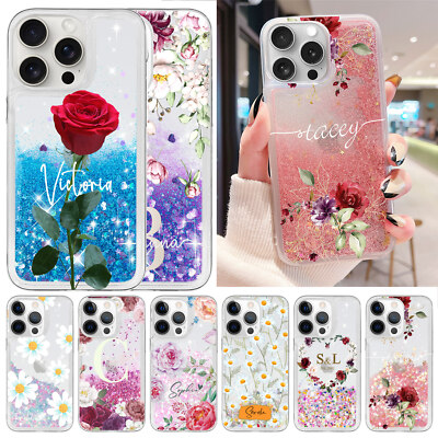 Custom Name Floral Glitter Phone Cover Case For iPhone 15 16 Pro Max 14 13 12 11