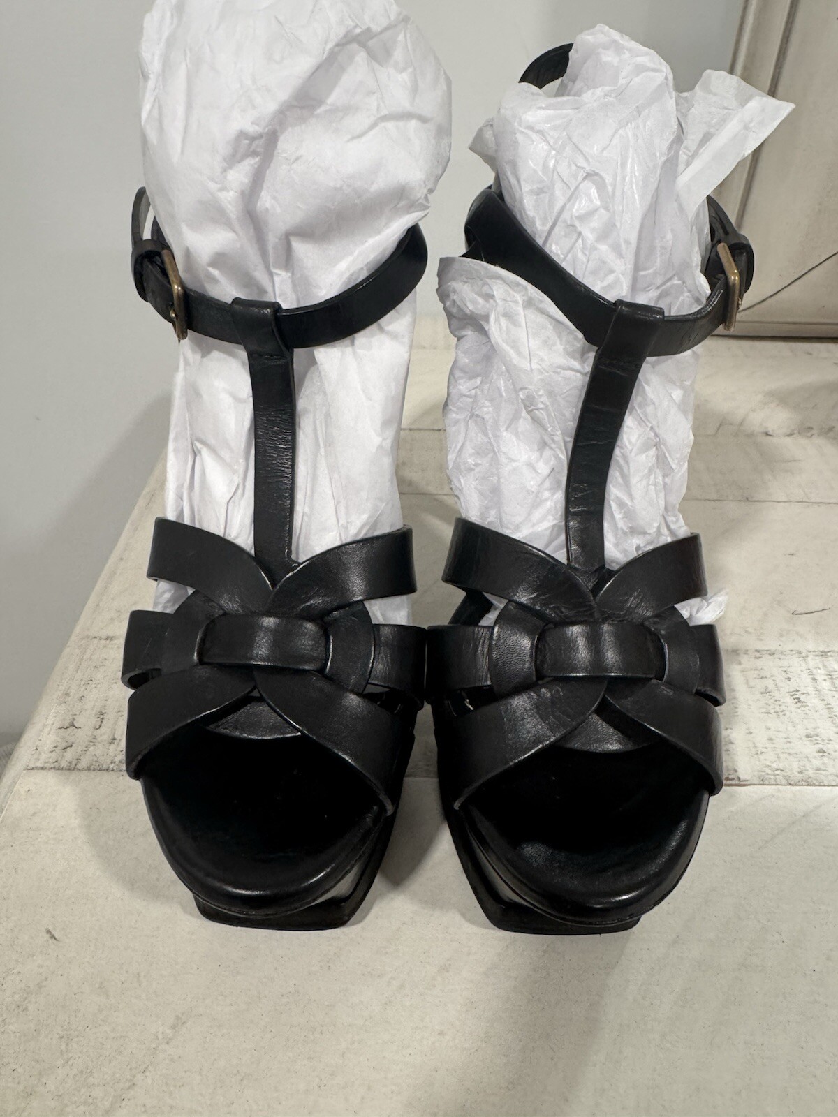 Autentici sandali in pelle nera omaggio YSL Saint Laurent 34 4 5