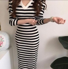 Women's 2024 Fashion V Neck Striped Hip Package Knitted Midi Pencil Dress 