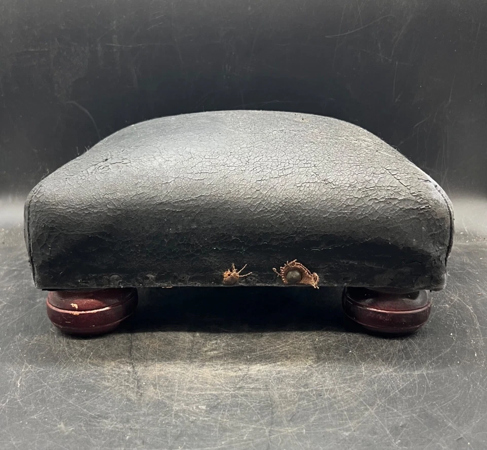 复古古董 1930 年代脚凳奥斯曼休息泡泡腿黑色人造皮革 — 第 3/4 张图片