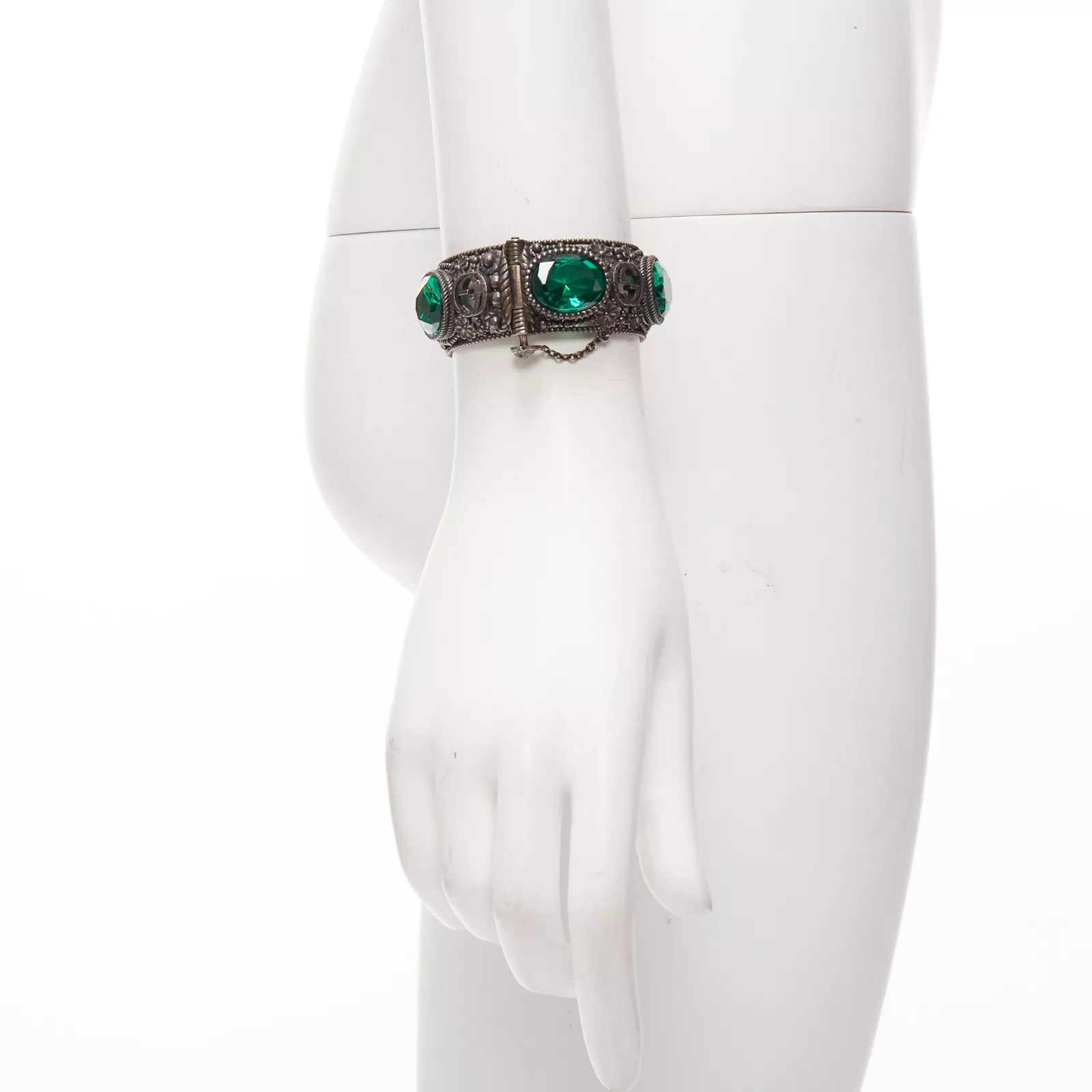 Bracelet ancien en métal armé GUCCI Alessandro Michele GG logo cristal vert