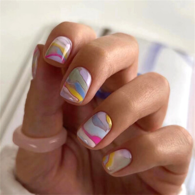Colorful Graffiti False Nail Short Square Press on Nails for Nail Art 24pcs