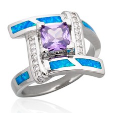 6x6 Simulated Amethyst Blue Fire Opal Silver Jewelry Bypass Wrap Ring Size 7 8 9