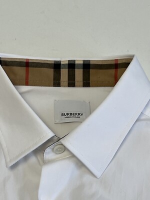 Authentic BURBERRY London England Check collar Cotton Shirt White