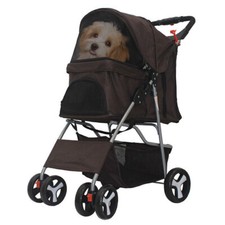 Outdoor Foldable Carrier Strolling Cart 4 Wheel Pet Stroller for Cat  Dog Brown