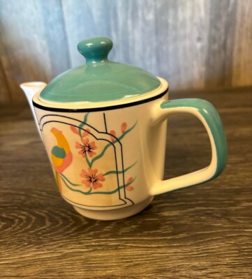 Bird Flower Blossoms Teapot Hues N Brews HuesNbrews Tea Pot Teal Branch Ceramic 